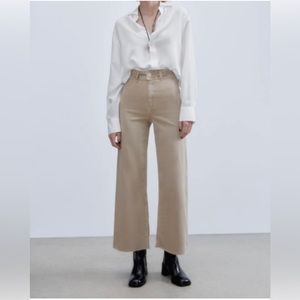 Zara Jeans Women 8 40 Beige Marine Straight High Rise Wide Leg Denim Pants Flare